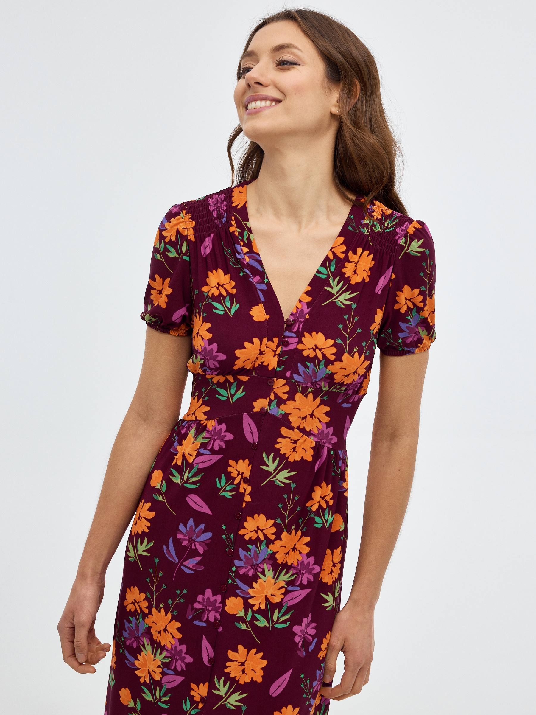 Flower print maxi dress aubergine middle front view