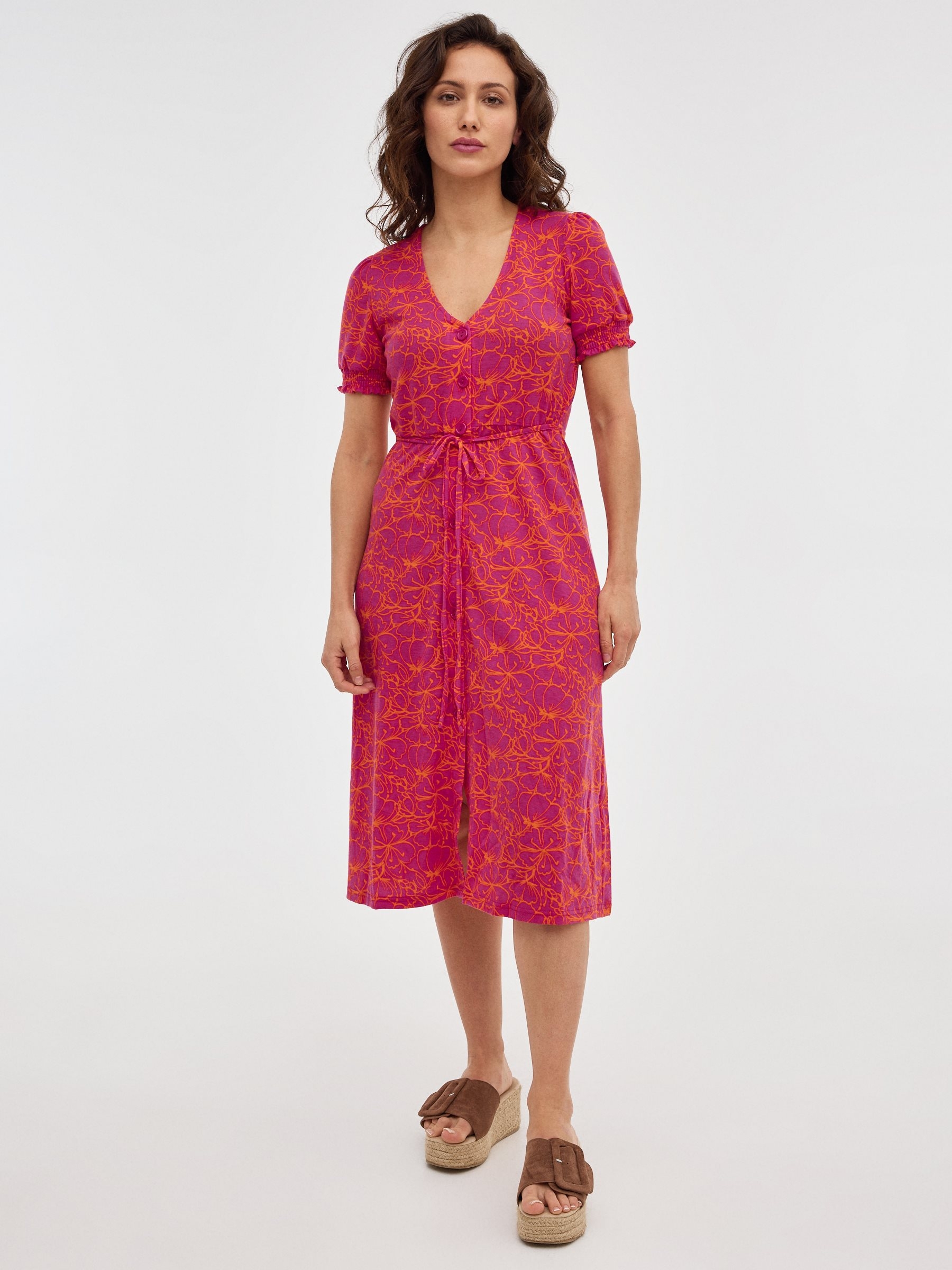 Midi Print dress with belt magenta middle front view