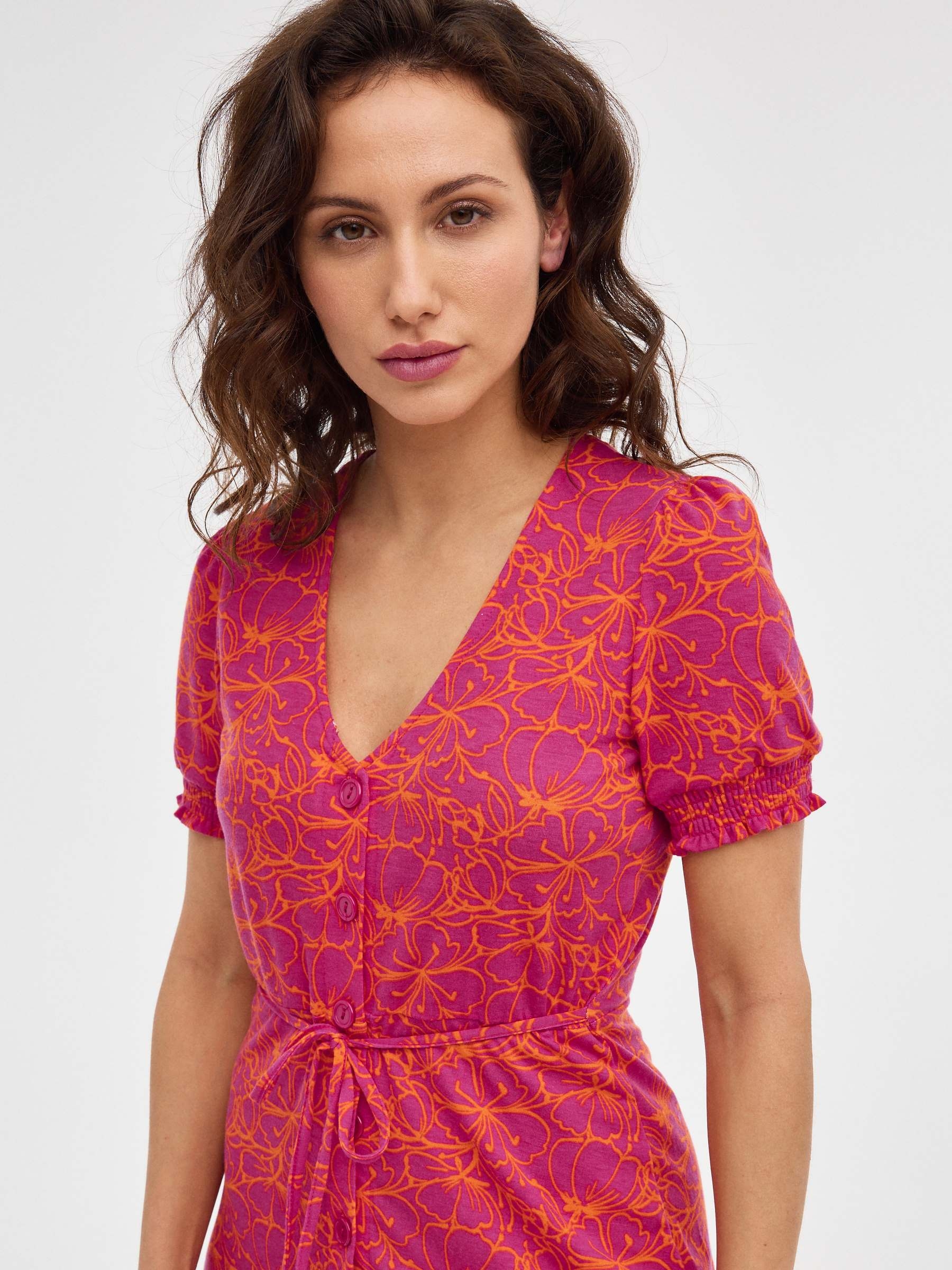 Midi Print dress with belt magenta middle front view