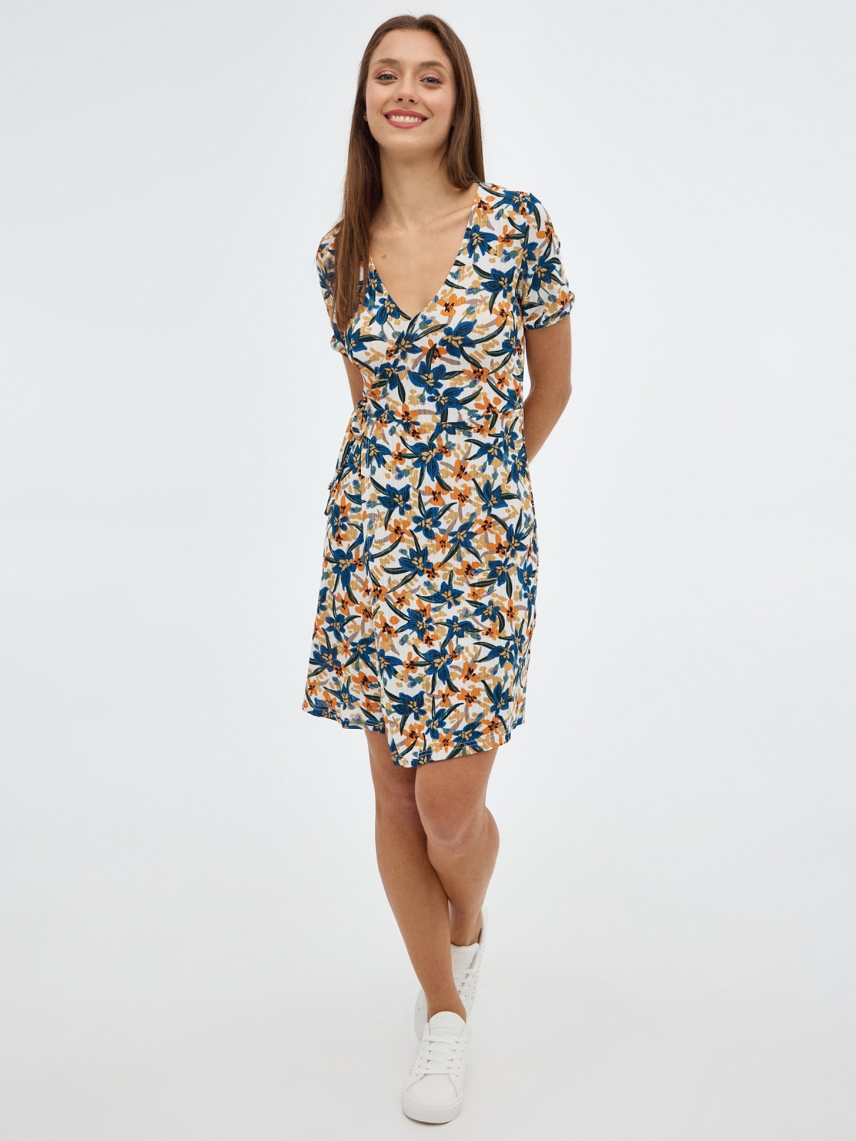 Vestido mini print flores blanco roto