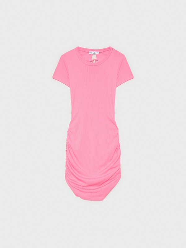  Vestido mini fruncido lace up rosa chicle