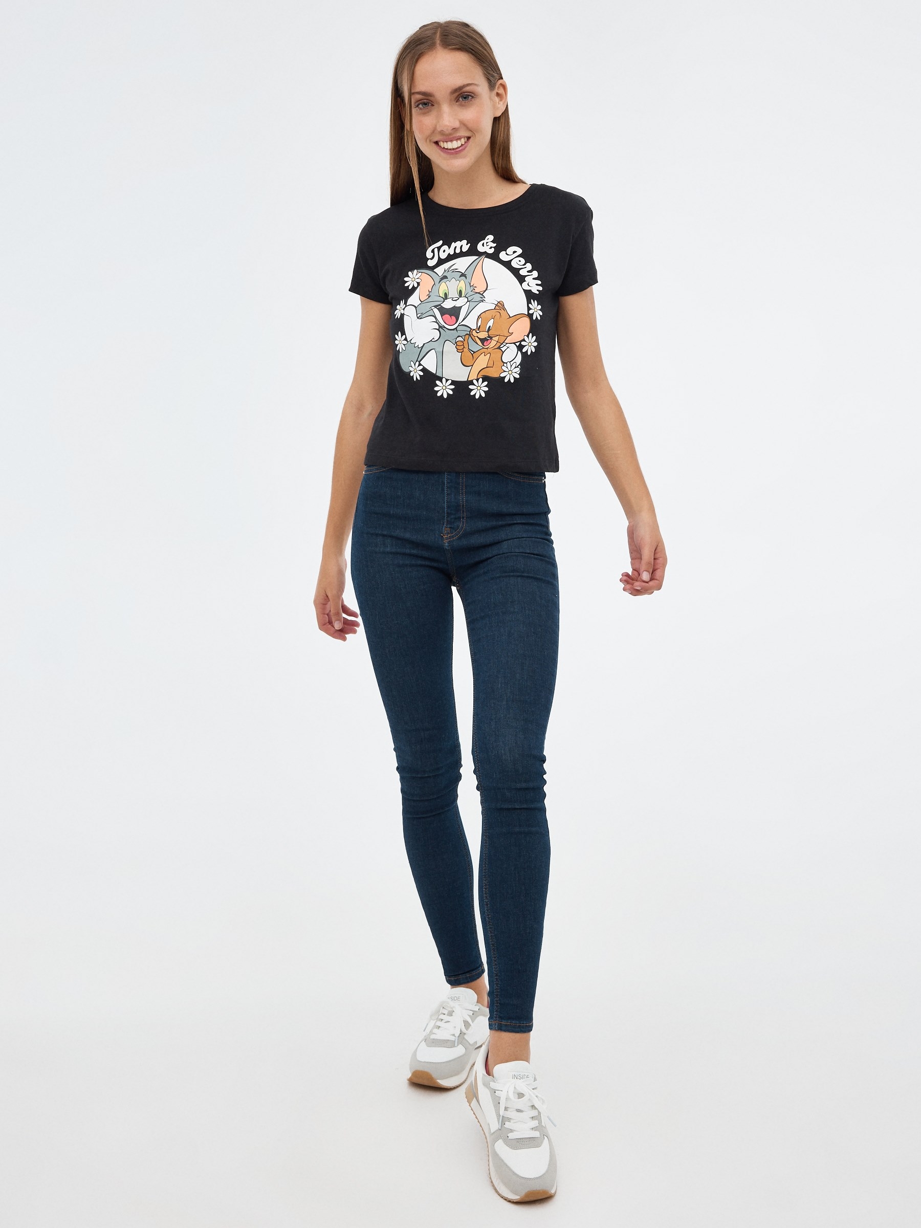 T-shirt Tom & Jerry preto vista meia frontal