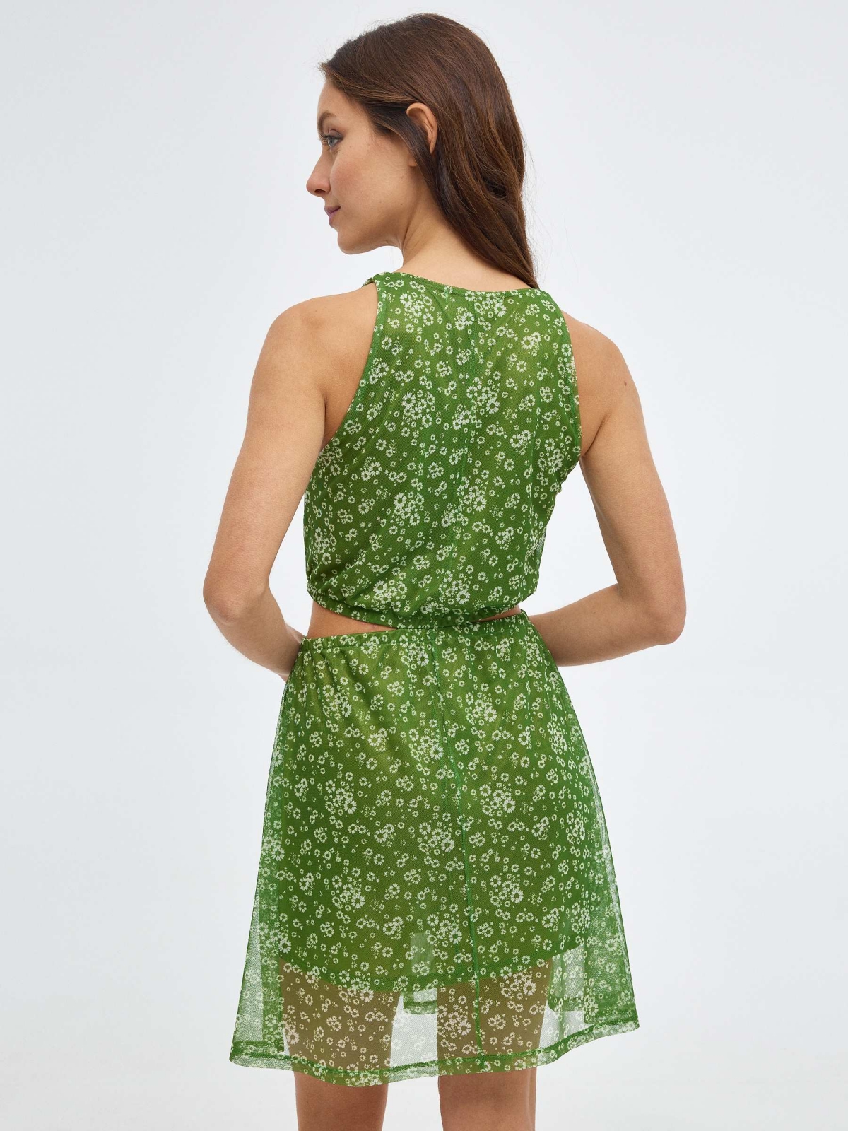 Mini flower cut out dress green middle back view