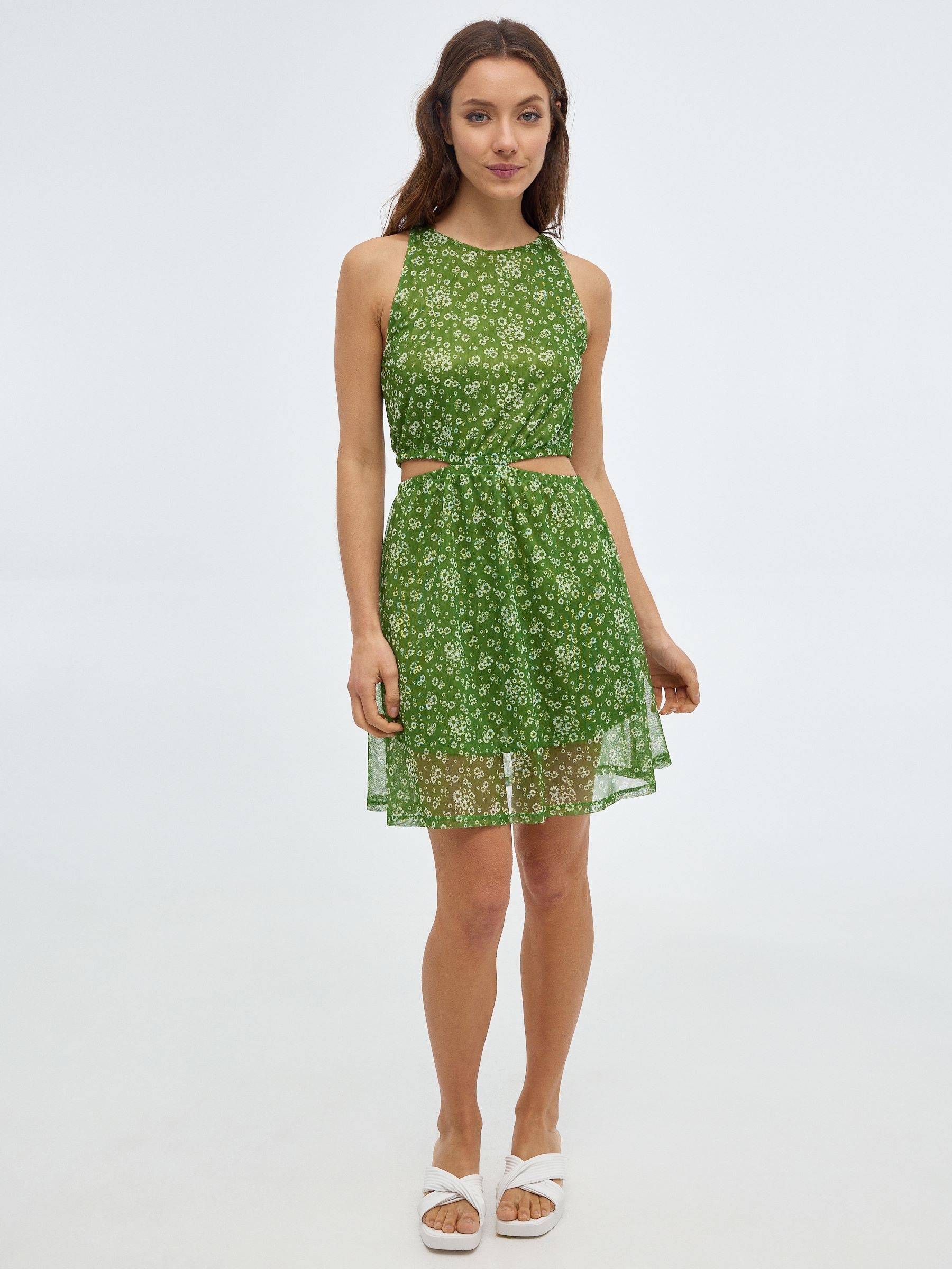 Mini flower cut out dress green middle front view