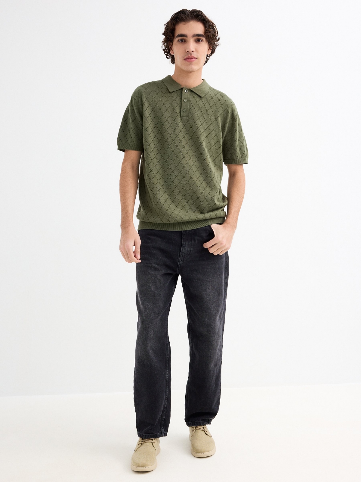Short sleeve diamond knit t-shirt green general front view