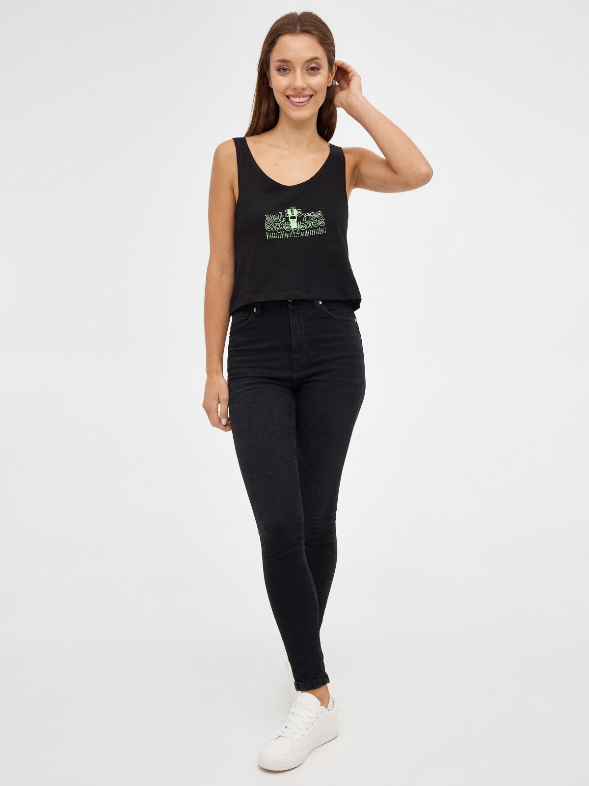 Printed tank top black front view