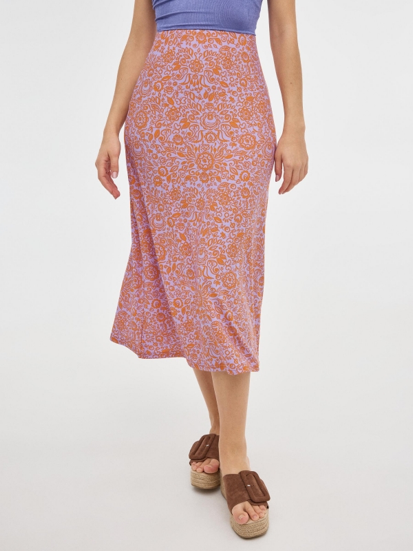 Flower print midi skirt mauve middle back view