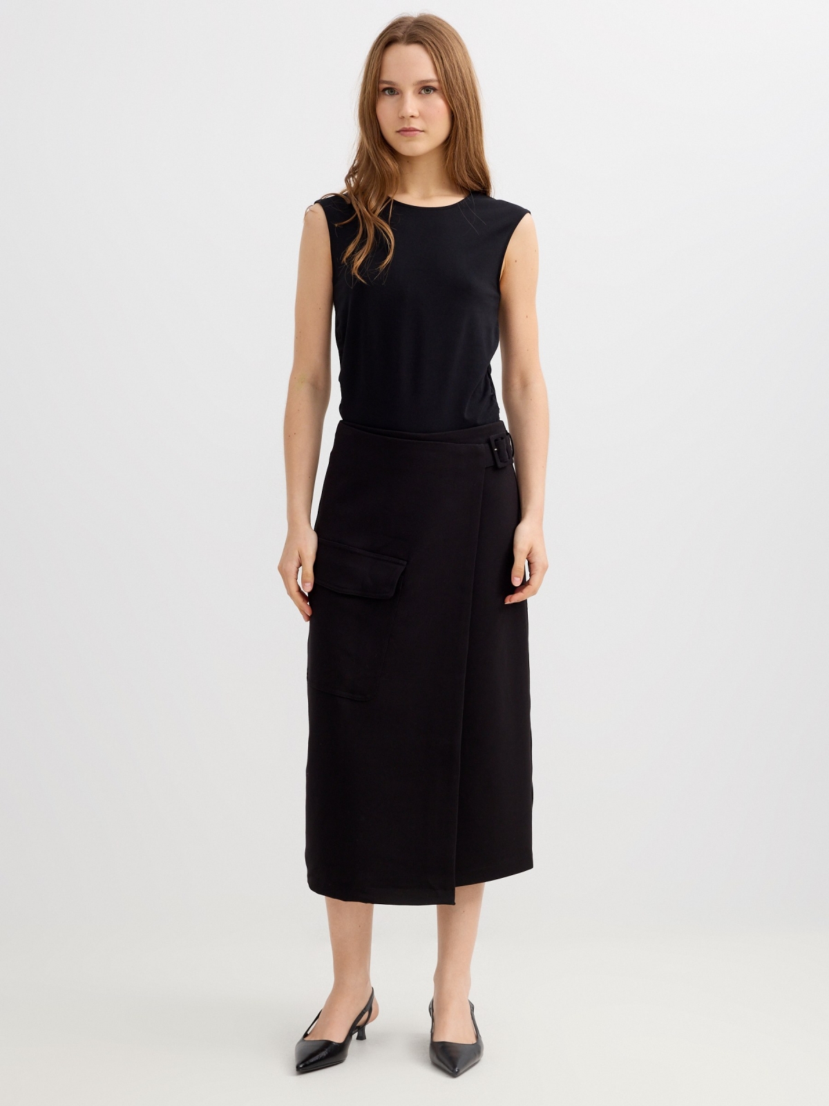 Crossed midi skirt black middle front view