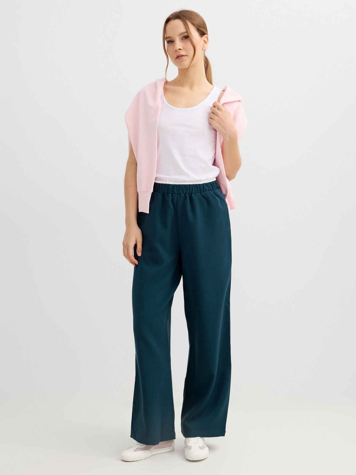 Fluid wide leg pants dark green front view