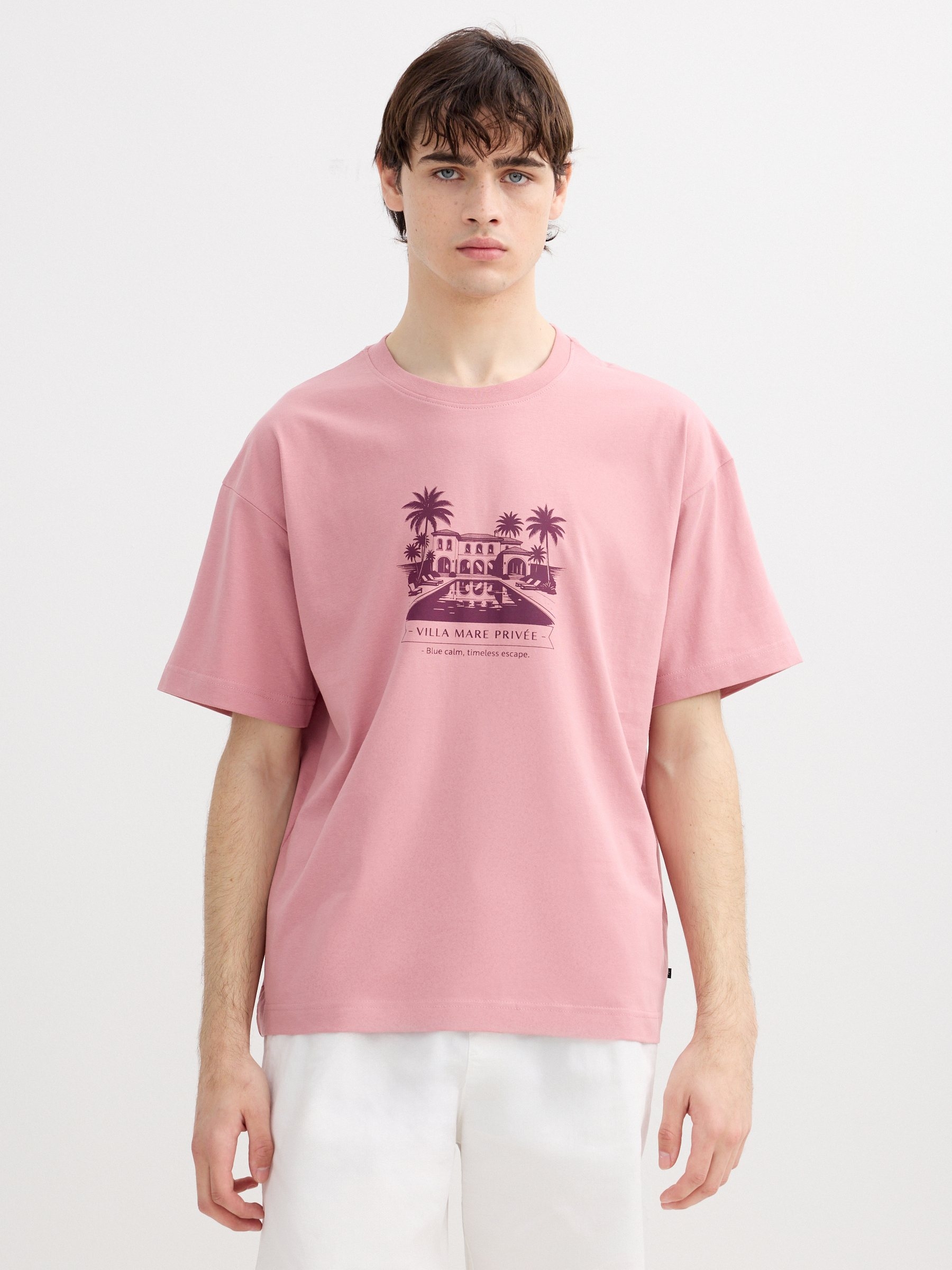 Camiseta estampada villa mare rosa vista meia frontal