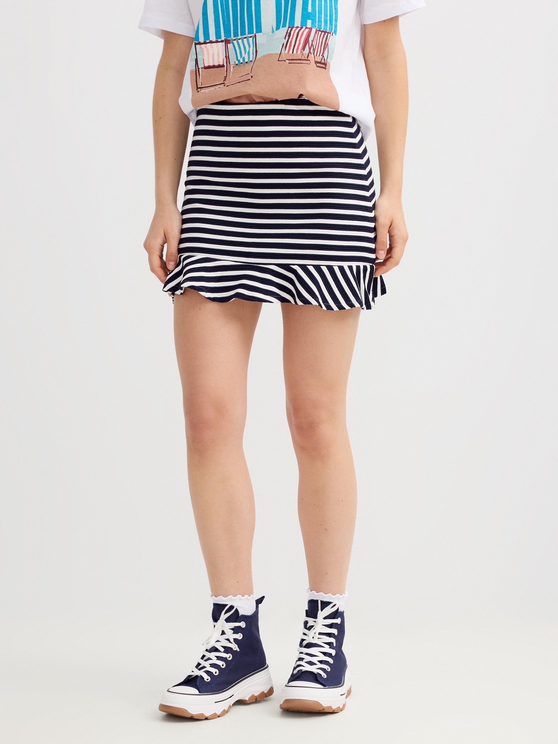 Striped print ruffle skirt off white middle front view