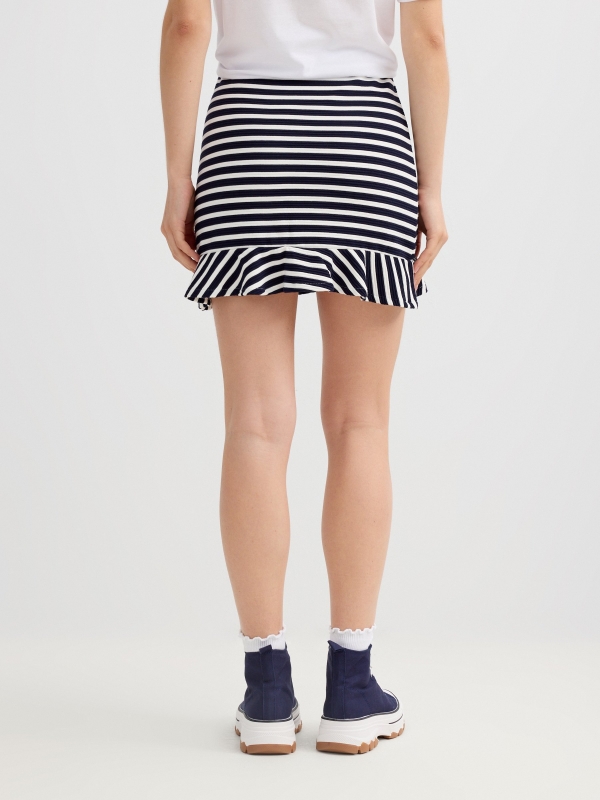 Saia estampa listrada com babado off white vista geral frontal