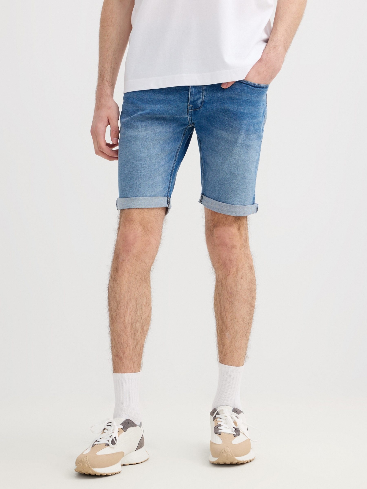 Washed effect denim Bermuda blue middle back view