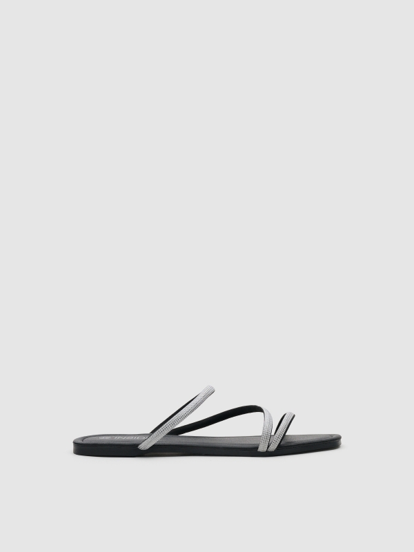 Sandalia plana lona strass negro