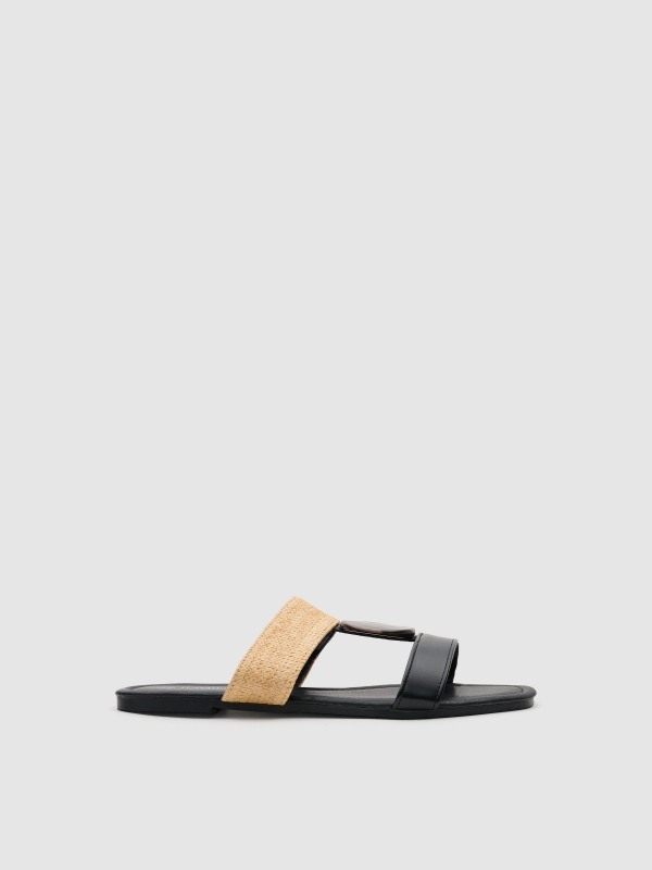 Leather-effect canvas slide sandal black