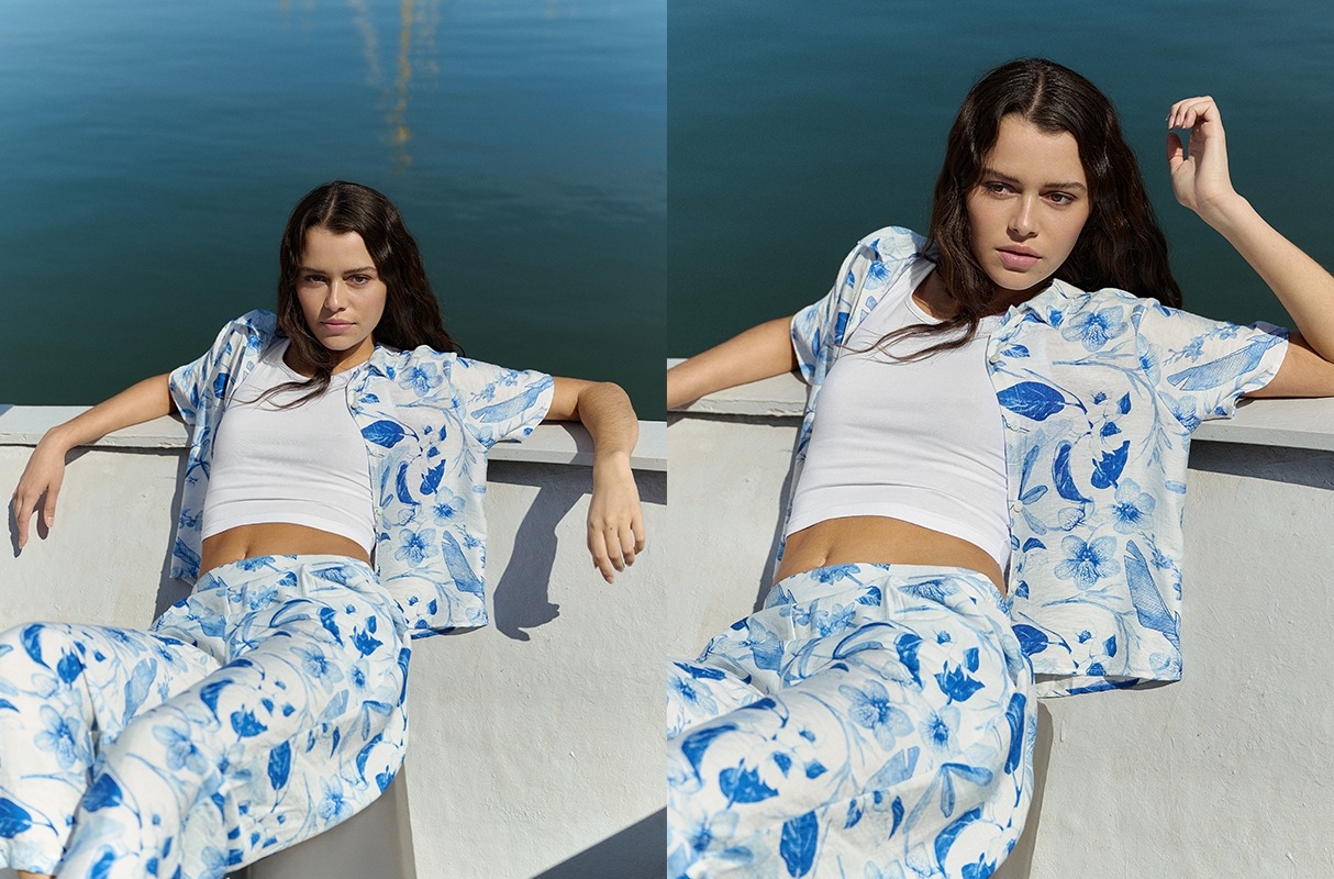 Camisa flores manga curta branco vista meia frontal