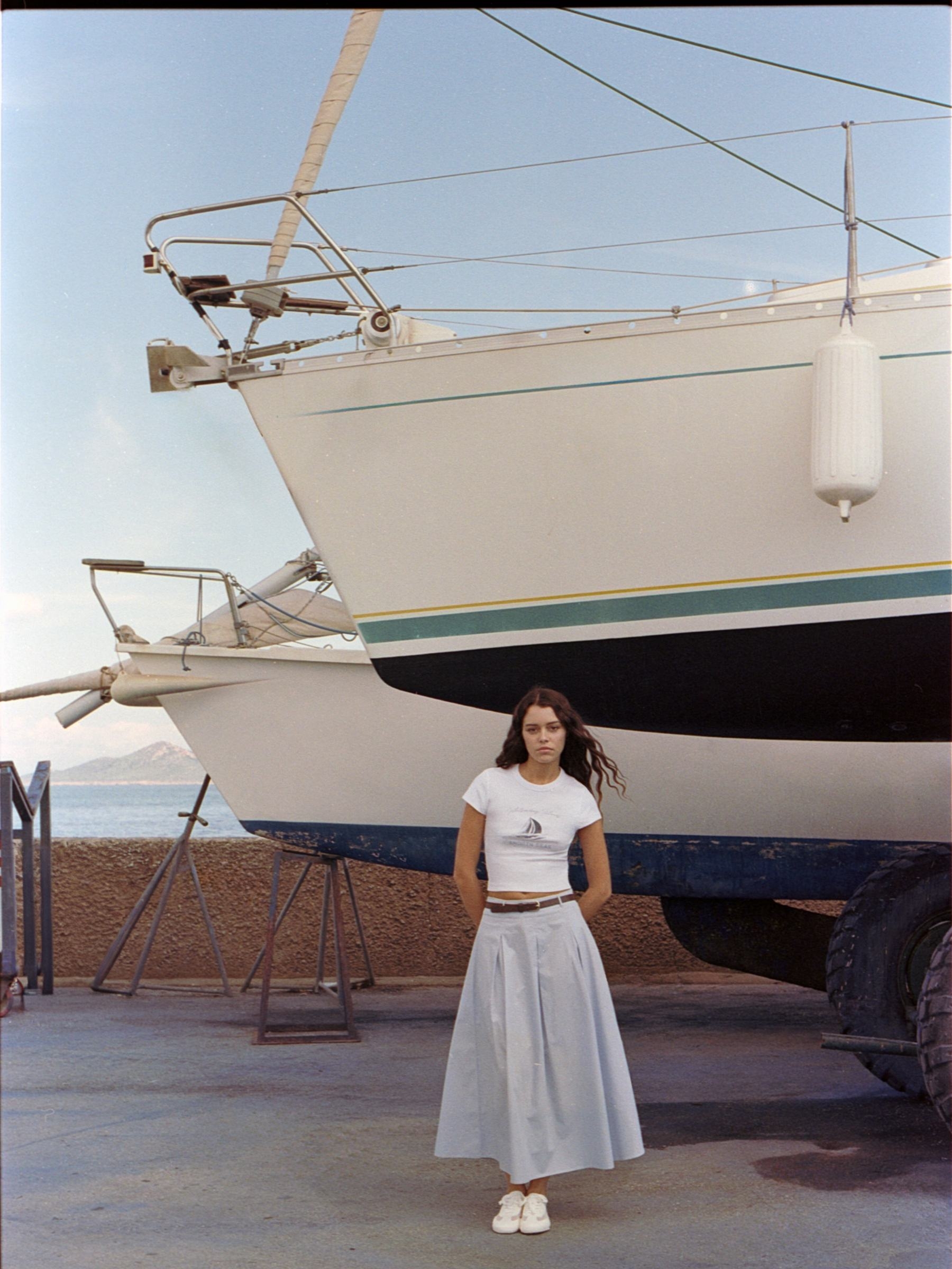 Cotton midi skirt light blue middle front view