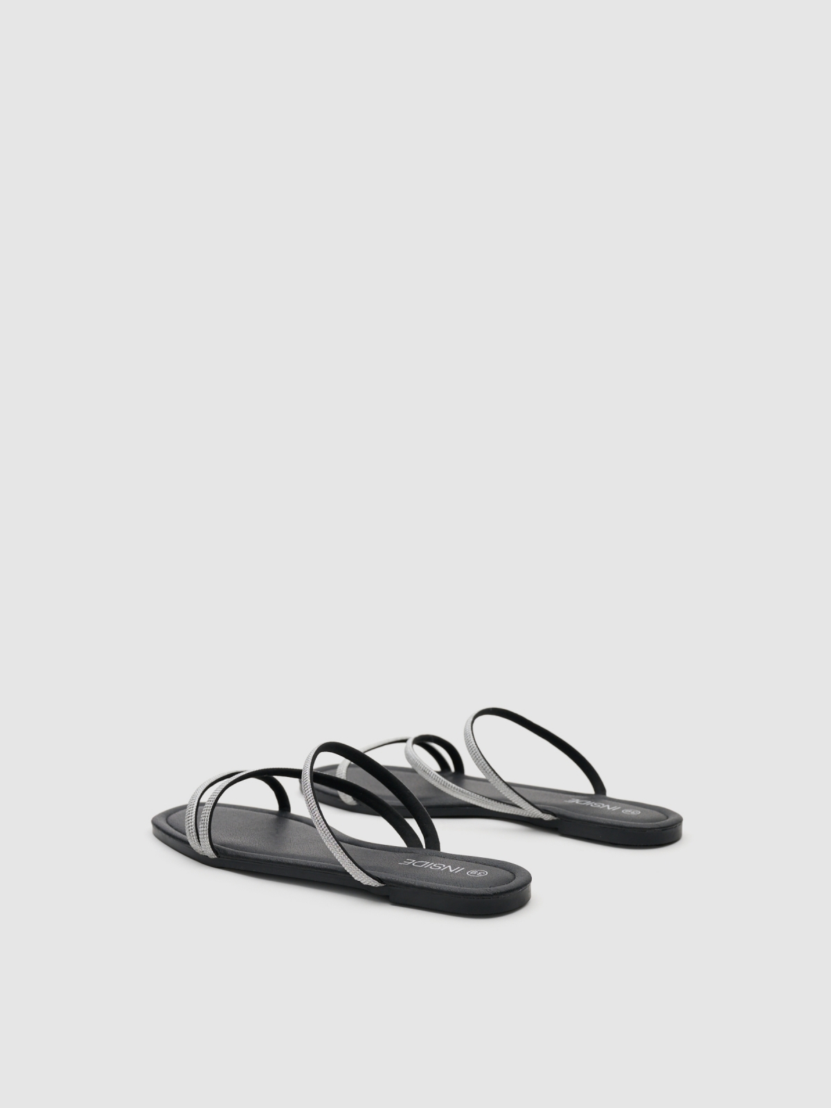 Flat canvas sandal with rhinestones black 45º back view