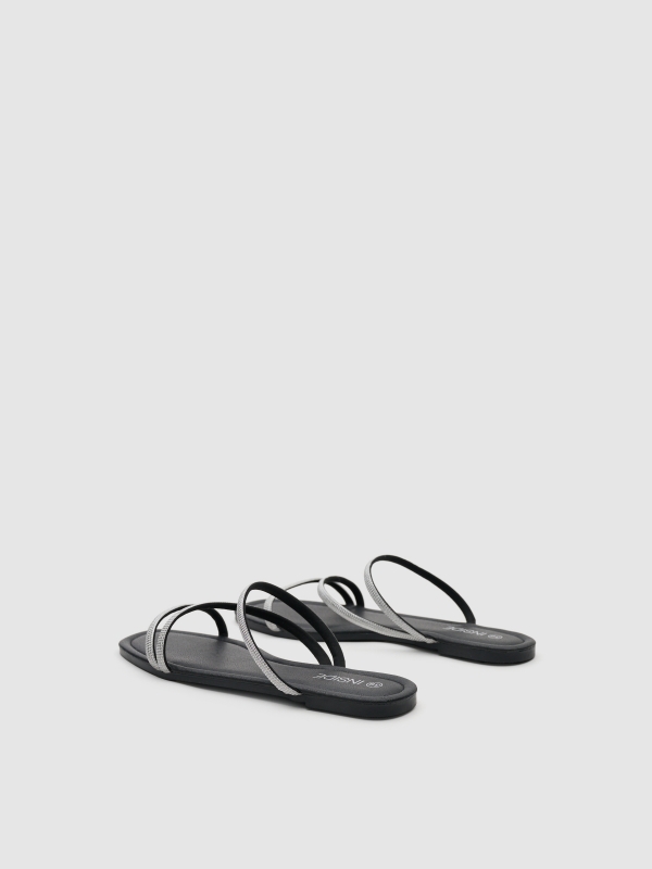 Flat canvas sandal with rhinestones black 45º back view