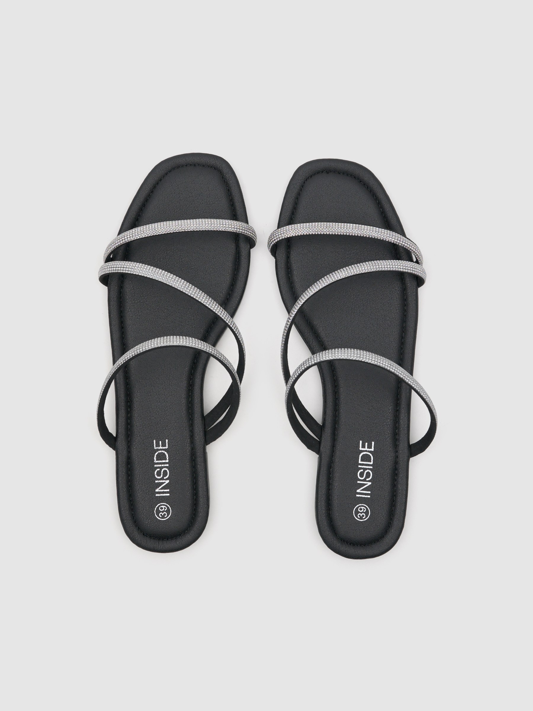 Flat canvas sandal with rhinestones black