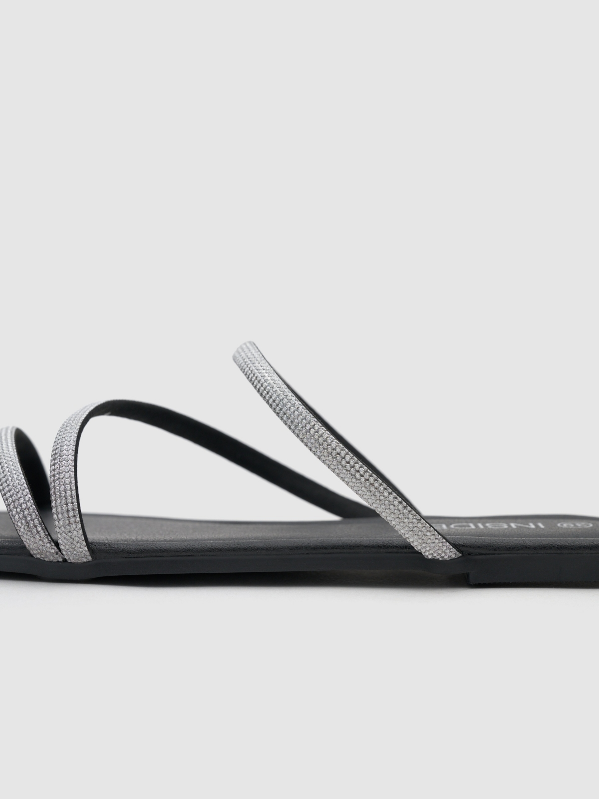 Flat canvas sandal with rhinestones black detail view