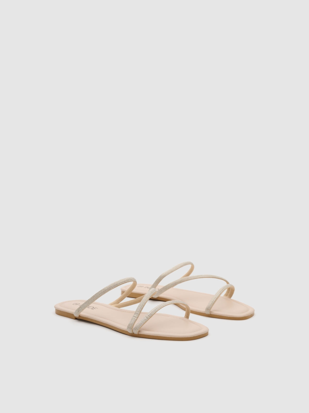 Flat rhinestone strap sandal beige 45º front view