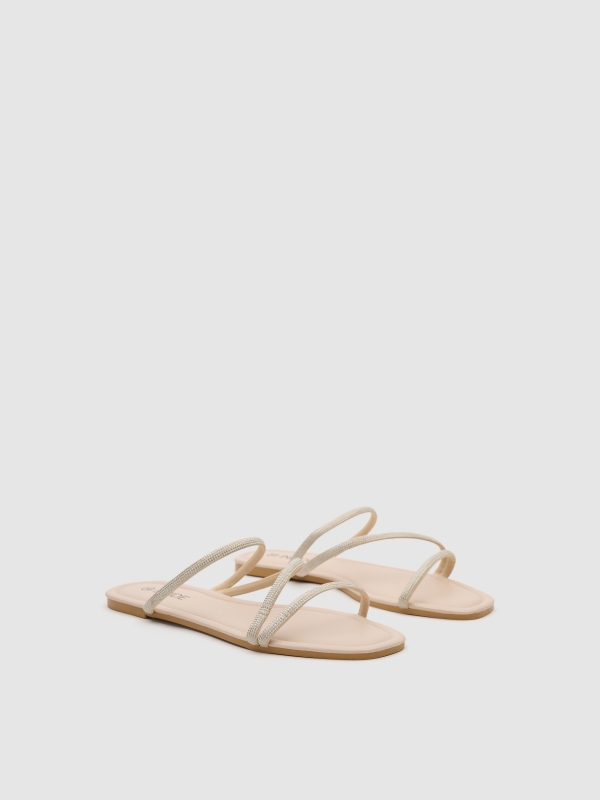 Sandalia tiras strass plana beige vista frontal 45º