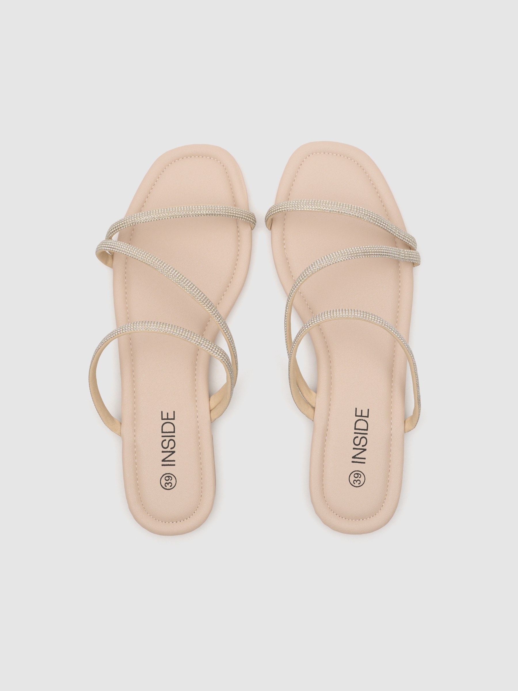 Flat rhinestone strap sandal beige