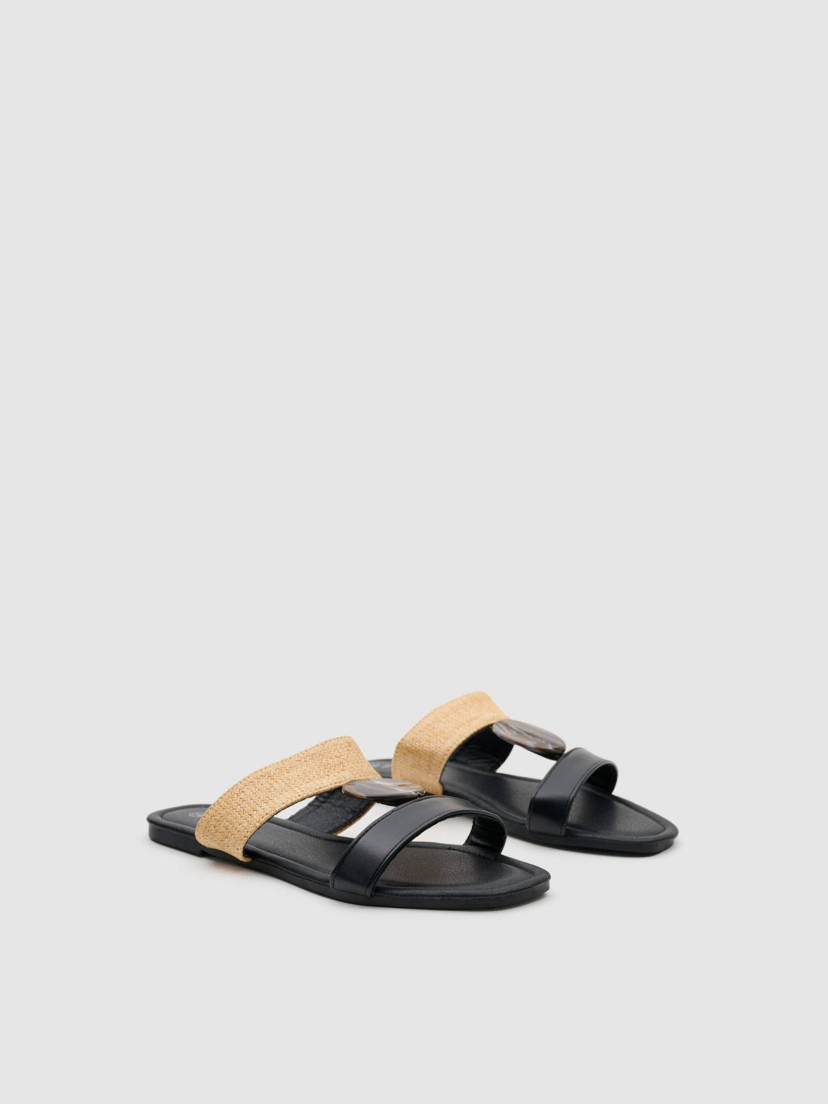 Leather-effect canvas slide sandal black 45º front view