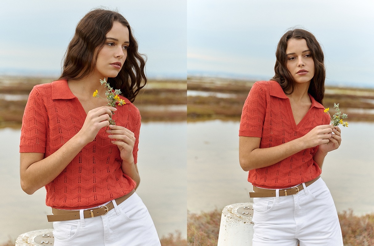 Polo neck cable knit jersey coral middle front view