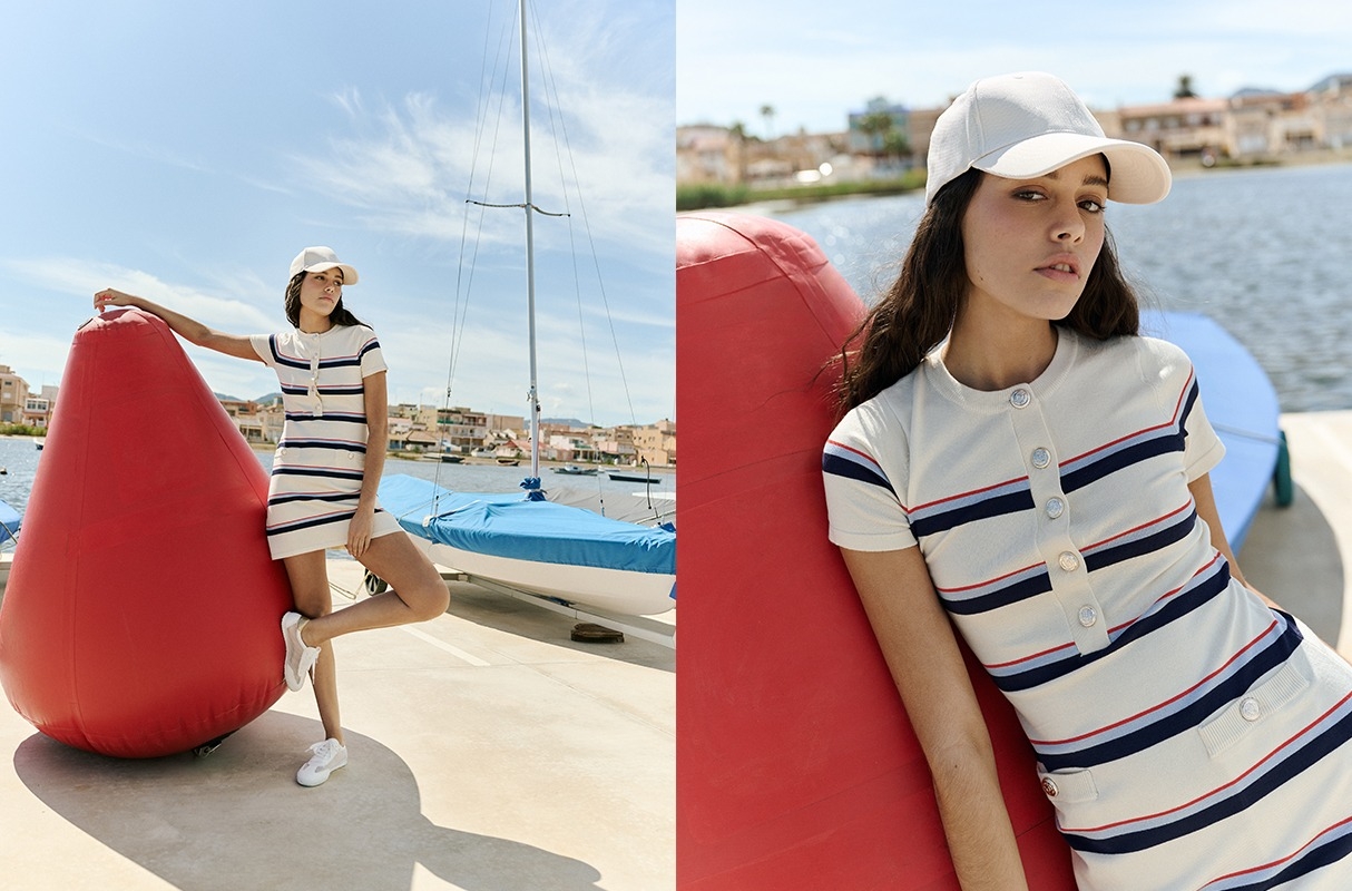 Mini striped knit dress off white middle front view