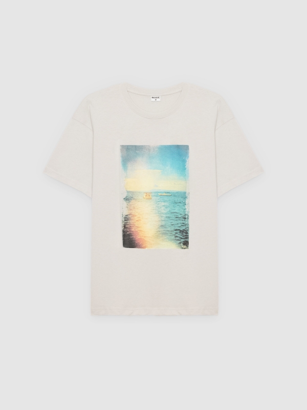  Beach print T-shirt light grey front view
