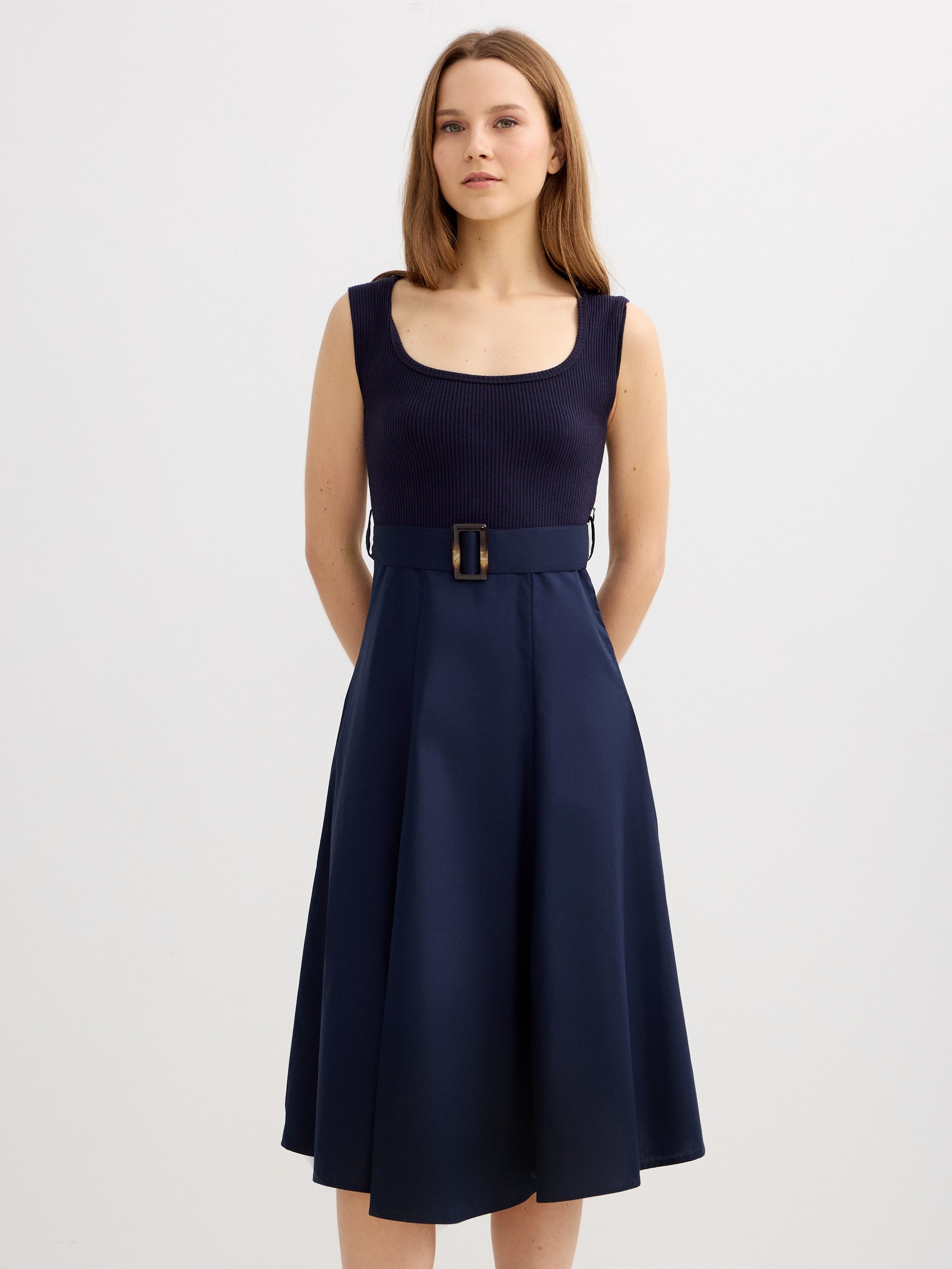 Combined ribbed midi dress navy middle front view