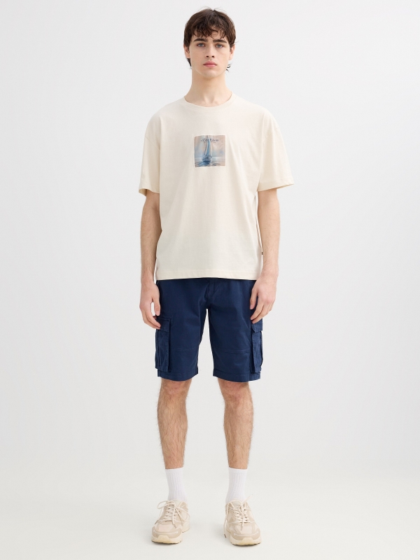 Gabardine cargo Bermuda shorts petrol blue middle front view