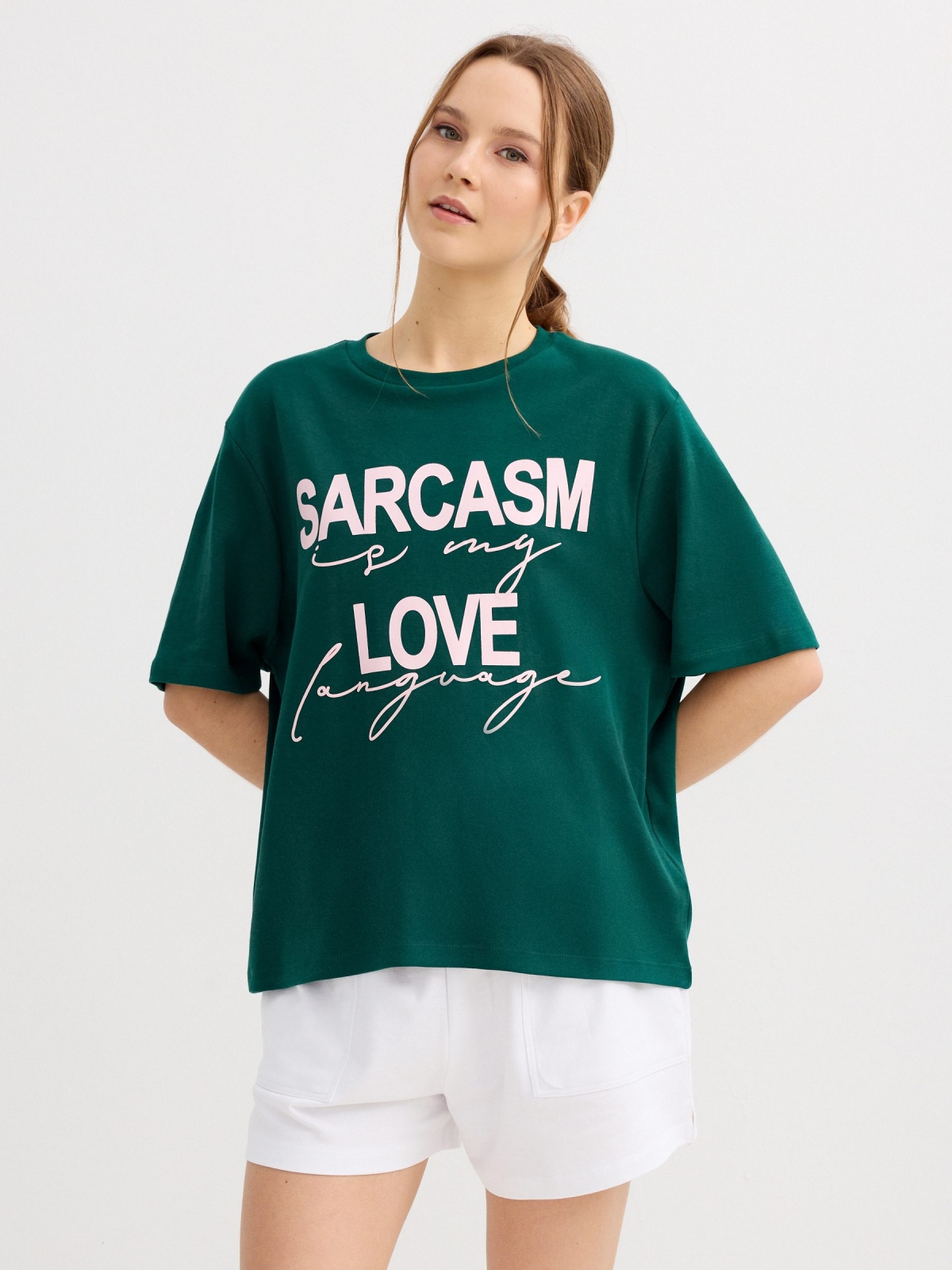 Oversized sarcasm t-shirt dark green middle front view