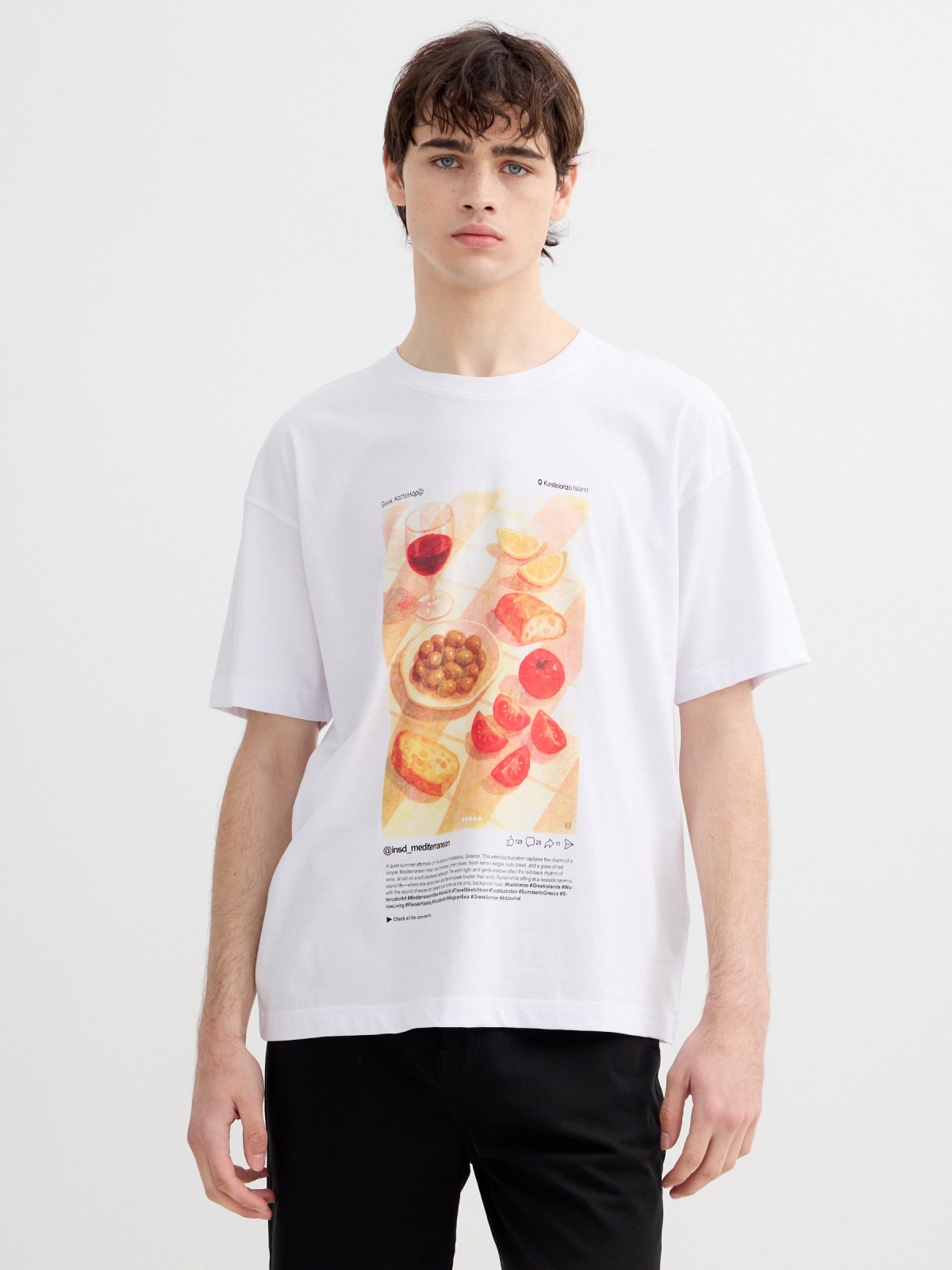 Camiseta de manga curta mediterranean branco vista meia frontal