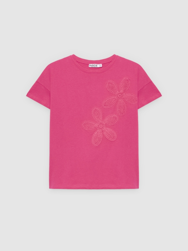  Embroidered flower T-shirt magenta pink front view
