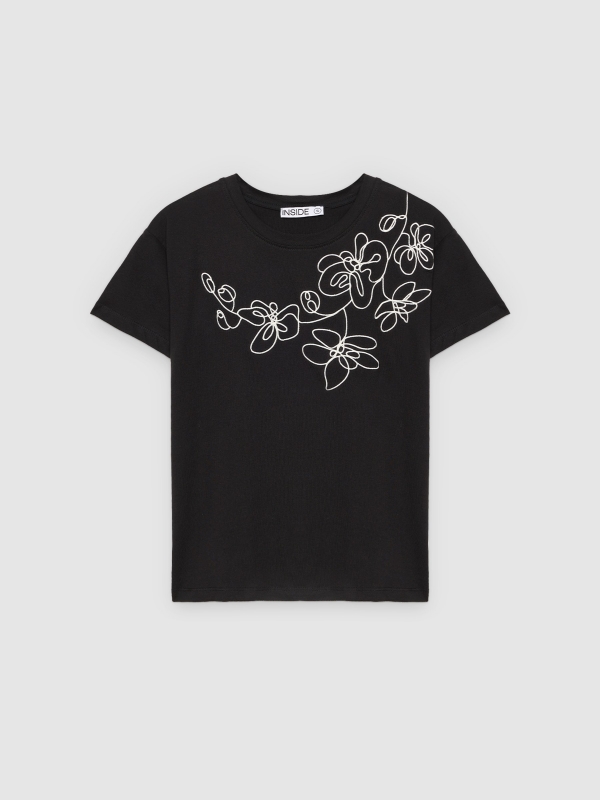 Camiseta bordada floral preto vista frontal