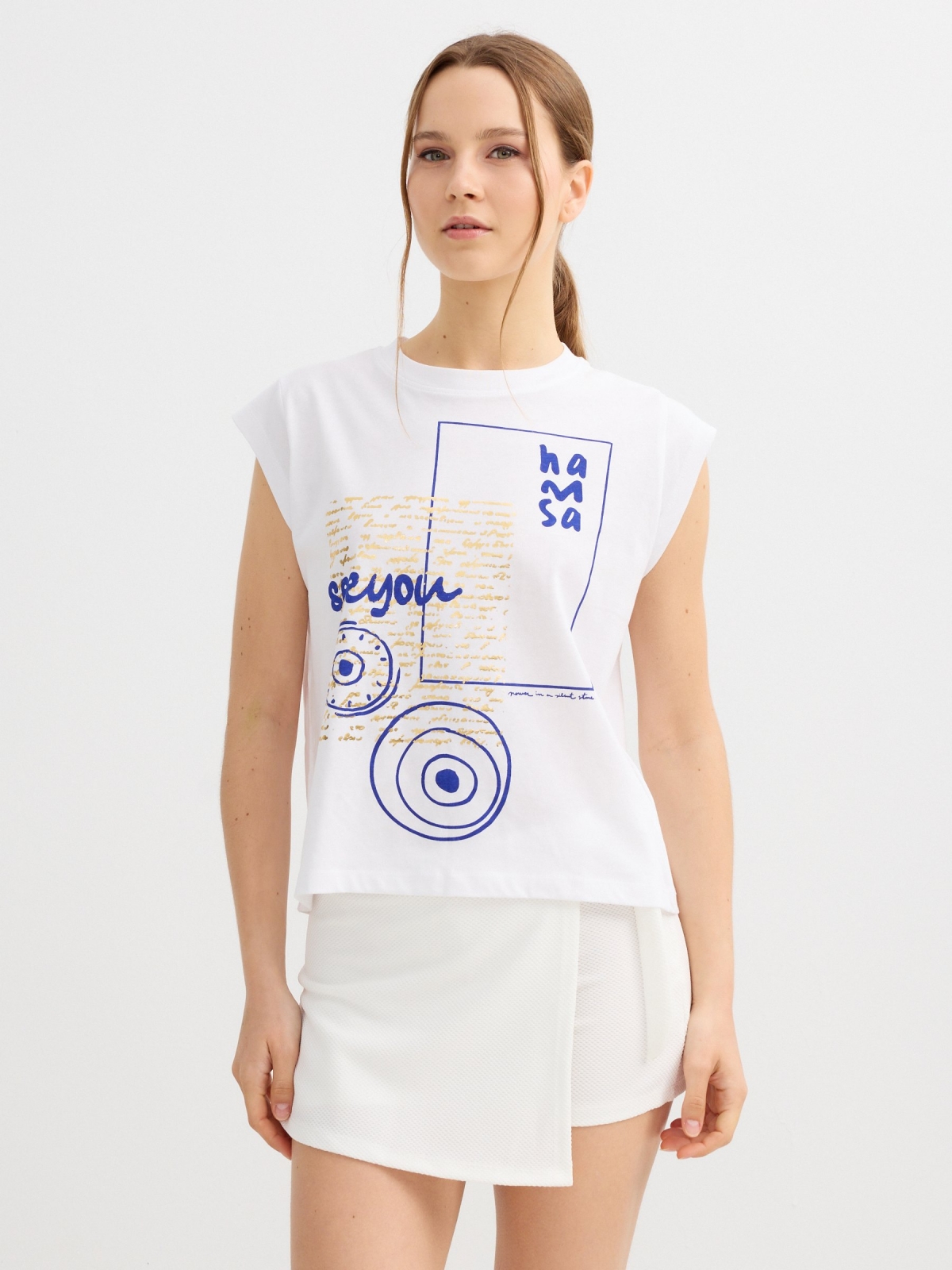 Sleeveless T-shirt with ethnic print white middle front view