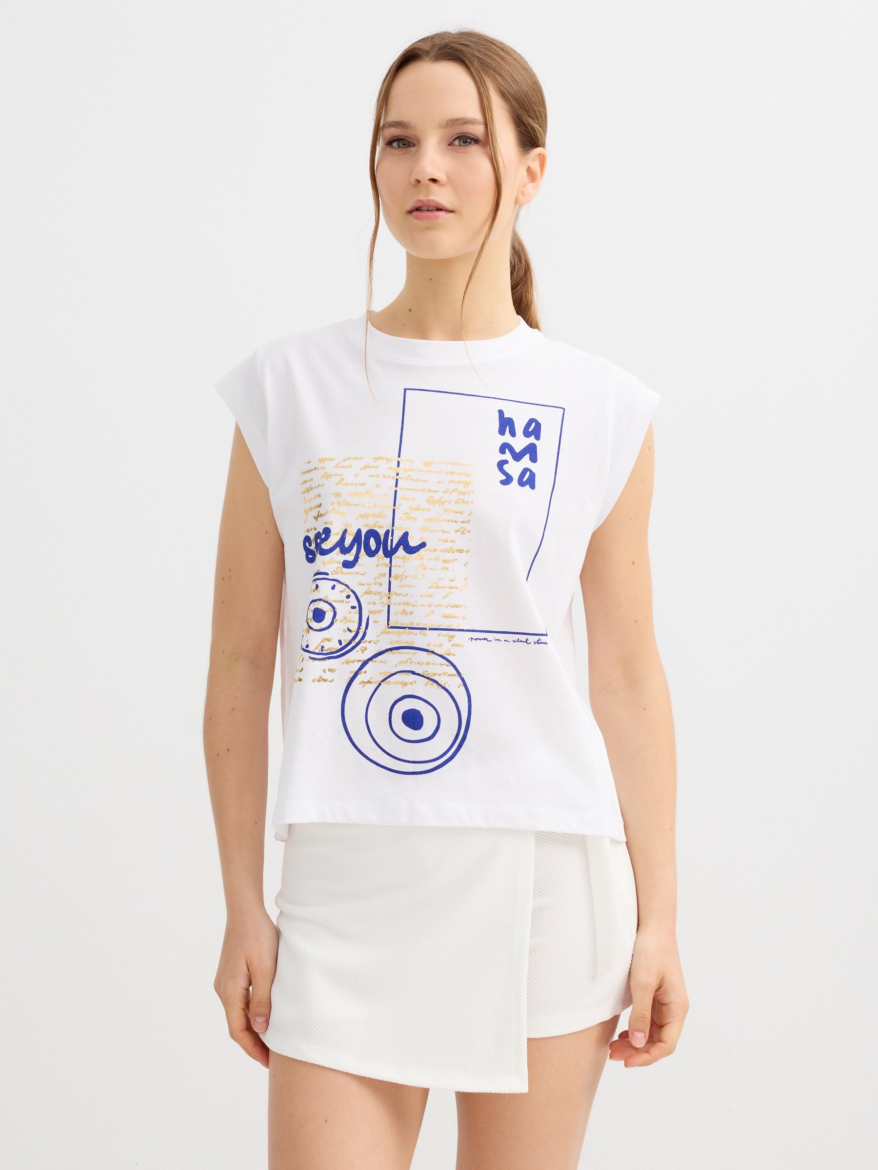 Camiseta sisa estampado étnico blanco vista media frontal