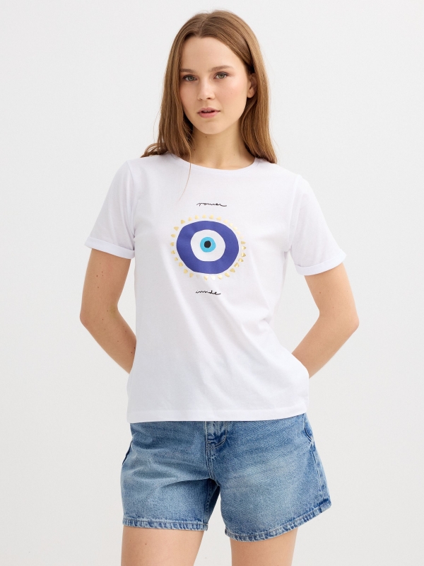 Camiseta étnica manga corta blanco vista media frontal