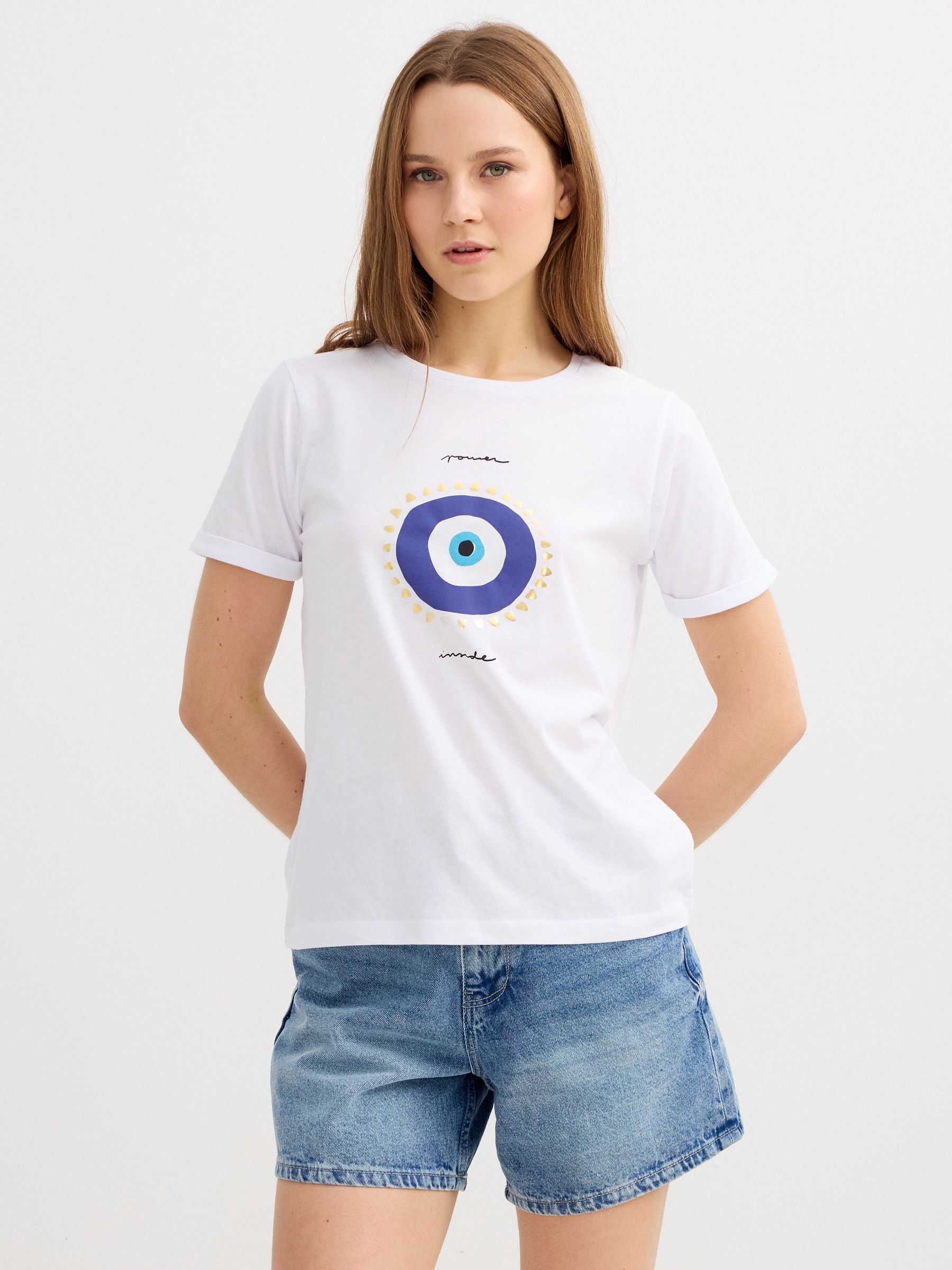 Camiseta étnica manga corta blanco vista media frontal