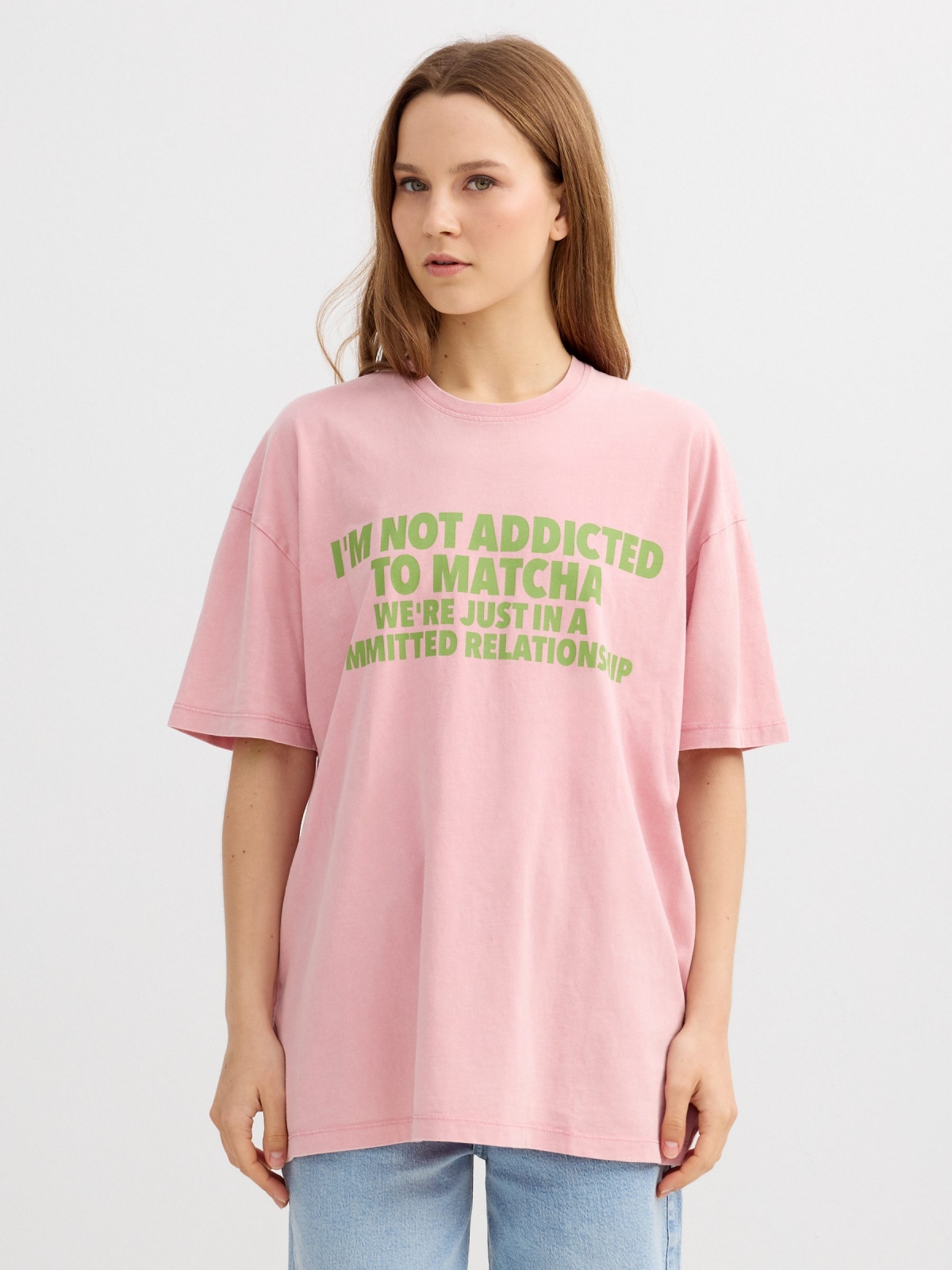 Oversized cotton T-shirt light pink middle front view