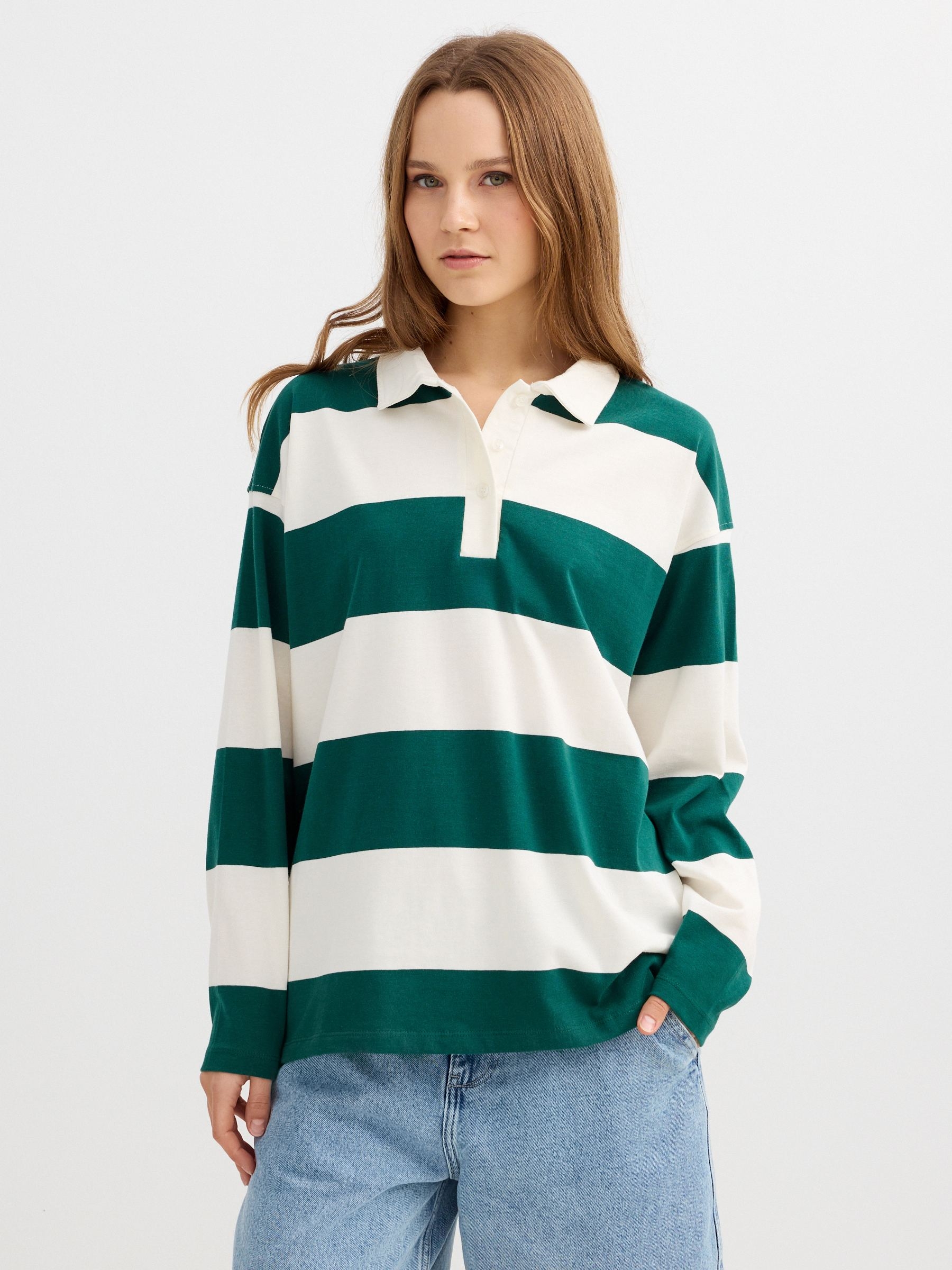 Camiseta polo listrada de algodão bege vista meia frontal