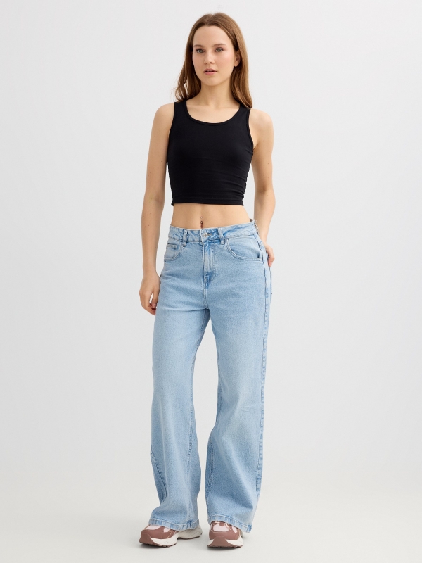 Jeans wide leg tiro medio azul claro vista general frontal