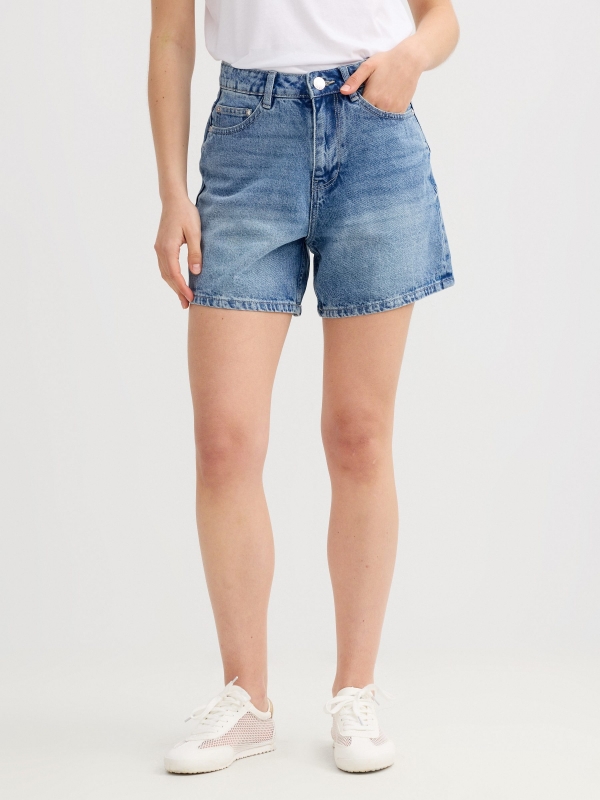 High-waisted mom fit shorts blue middle back view