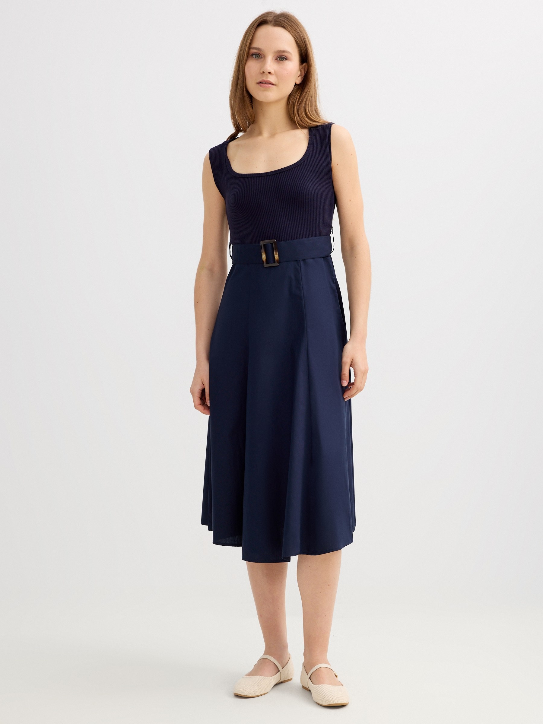 Combined ribbed midi dress navy middle front view