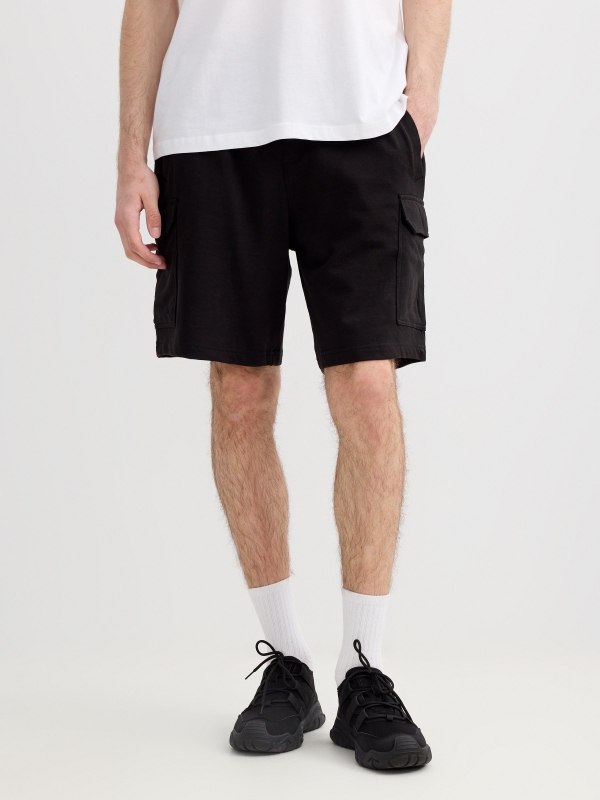 Fleece cargo bermuda shorts black middle back view