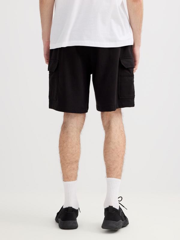 Fleece cargo bermuda shorts black front view