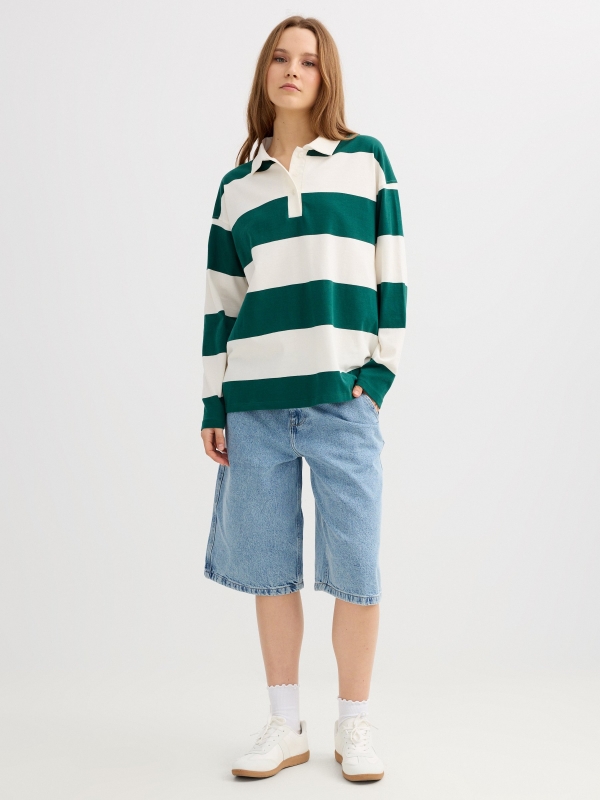 Striped cotton polo shirt beige front view